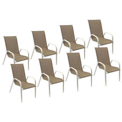Set van 8 MARBELLA stoelen in taupe textilene - wit aluminium