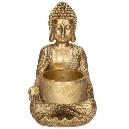 Waxinelichthouder Boeddha - goudkleurig - polyresin - 14 cm