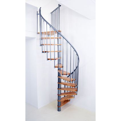Escalier en colimaçon BERLIN - diamètre 120cm - métal gris avec marches en hêtre et rampe en PVC