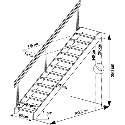 HandyStairs escalier de meunier "Tudor" avec main courante - 63 cm de large - 280 cm de hauteur - 13 marches en pin 2
