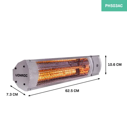 VONROC Heater Marsili 2000W – 2 Warmteniveaus – Zilver – Lowglare element – Met afstandsbediening 3