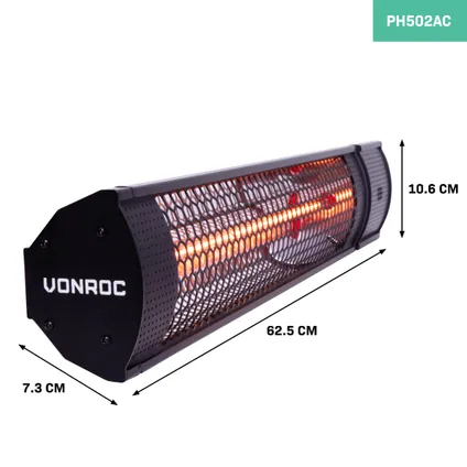 VONROC Heater Marsili – 2000W – 2 Warmteniveaus – Zwart – Voor muur, plafond of statief – Lowglare e 3