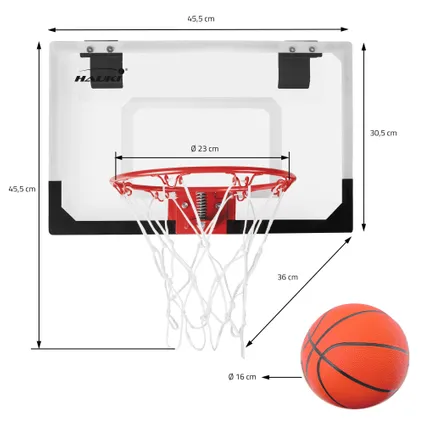 Set panier de basket 45,5x30,5 cm 3 ballons et pompe à balles panneau et anneau 6