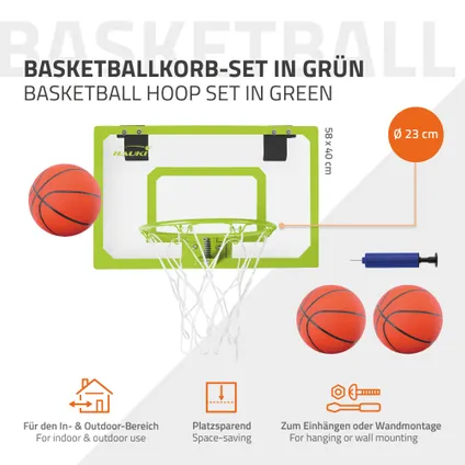Set panier de basket vert 58x40 cm 3 ballons pompe à balles panneau et anneau 2