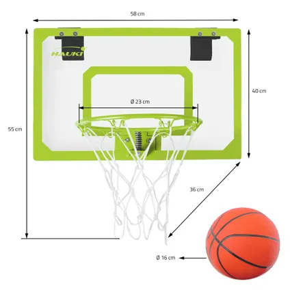 Set panier de basket vert 58x40 cm 3 ballons pompe à balles panneau et anneau 6