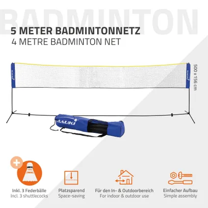 Filet de badminton 5m filet de volley-ball/tennis bleu portable hauteur 155 cm 2