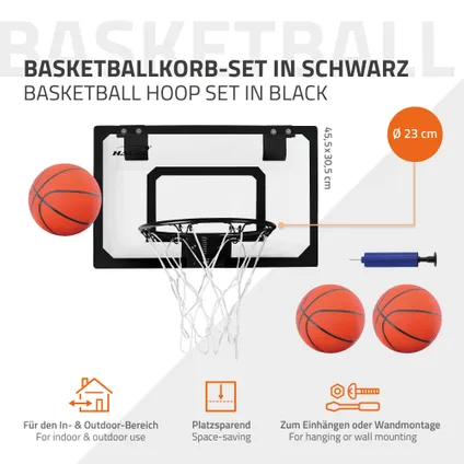 Set panier de basket noir 45,5x30 cm 3 ballons pompe à balles panneau et anneau 2