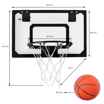 Set panier de basket noir 45,5x30 cm 3 ballons pompe à balles panneau et anneau 6