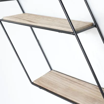 Zwart metalen wandrek 3 houten plankjes - Zeshoek diagonaal 5