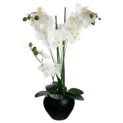 Atmosphera Kunstplant Orchidee - witte bloemen in zwarte pot - H53 cm