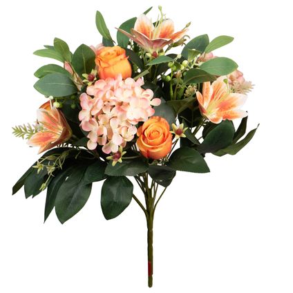 Louis Maes Kunstbloemen boeket roos/hortensia - oranje/zalm - H39 cm