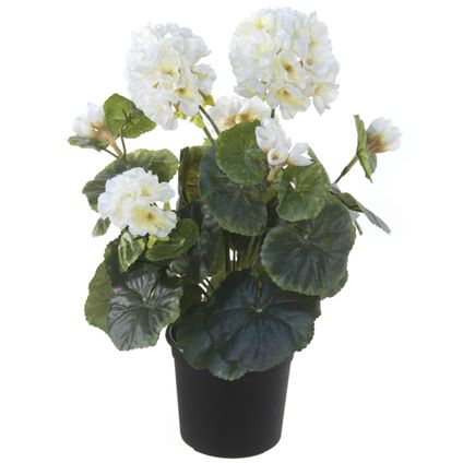 Louis maes Kunstplant - Geranium - wit - in zwarte pot - 35 cm