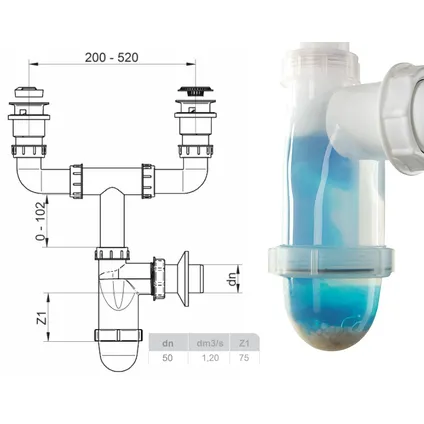 Leominor dubbele keuken fles afvoersifon + aansluiting wasmachine 2