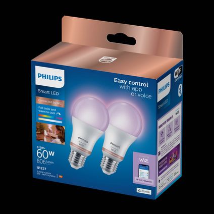 Ampoule LED connectée Philips A60 lumière blanche et colorée E27 8,5W 2 pcs