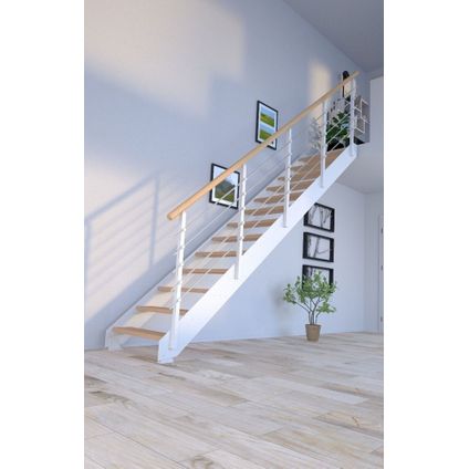 METALUX Escalier en métal avec marches en hêtre - Largeur 80cm - Acier blanc - 14 marches (240 - 280 cm)