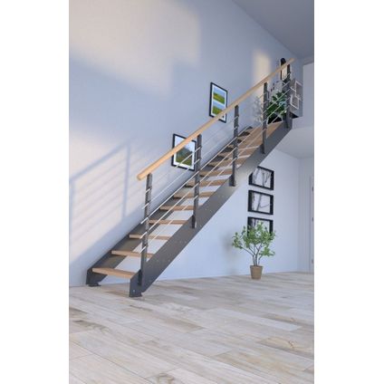 METALUX Escalier en métal avec marches en hêtre - Largeur 80cm - Acier gris - 14 marches (240 - 280 cm)