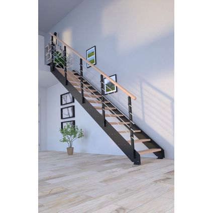 METALUX Escalier en métal avec marches en hêtre - Largeur 80cm - Acier noir - 15 marches (260-320 cm)