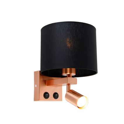 QAZQA Wandlamp koper met leeslamp en kap 18 cm zwart - Brescia