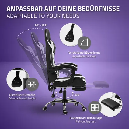 ML-Design zwart-wit gaming massagestoel, ergonomische bureaustoel, draaibaar verstelbaar 4