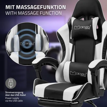 ML-Design zwart-wit gaming massagestoel, ergonomische bureaustoel, draaibaar verstelbaar 5