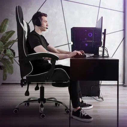 ML-Design zwart-wit gaming massagestoel, ergonomische bureaustoel, draaibaar verstelbaar 8
