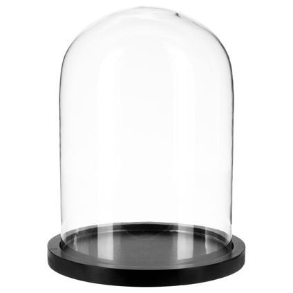 Atmosphera Decoratie glazen stolp op plateau - glas/zwart - H29 cm