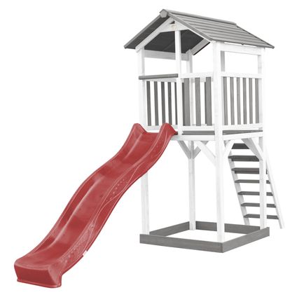 Aire de jeux AXI Beach Tower 349x111x241cm Toboggan rouge bois gris
