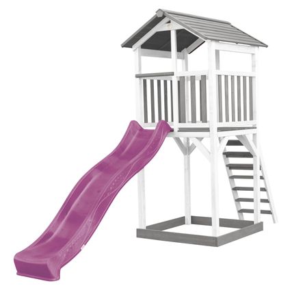 Aire de jeux AXI Beach Tower 349x111x241cm Toboggan violet bois gris