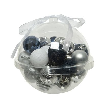 Decoris Kerstballen - 30st - kunststof - donkerblauw-wit-zilver - 3cm