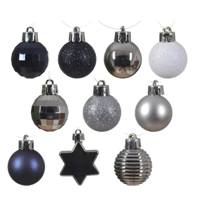 Decoris Kerstballen - 30st - kunststof - donkerblauw-wit-zilver - 3cm 2