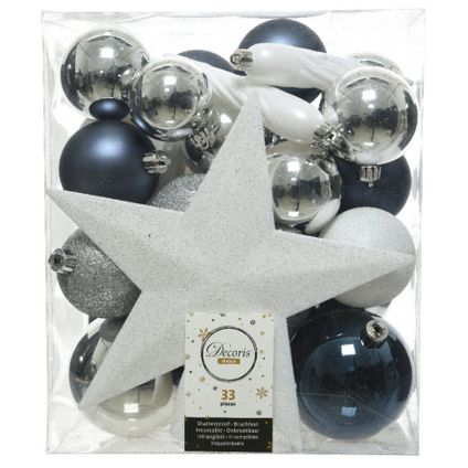 Decoris Kerstballen - 33 st - blauw-wit-zilver - 5-6-8 cm