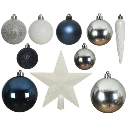 Decoris Kerstballen - 33 st - blauw-wit-zilver - 5-6-8 cm 2