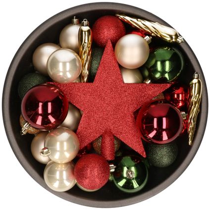 Kerstballen - met piek - 33 stuks - rood-groen-champagne - 5-6-8 cm