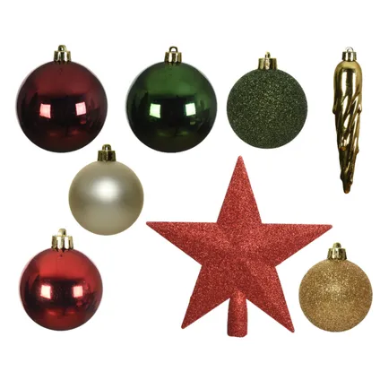 Kerstballen - met piek - 33 stuks - rood-groen-champagne - 5-6-8 cm 2
