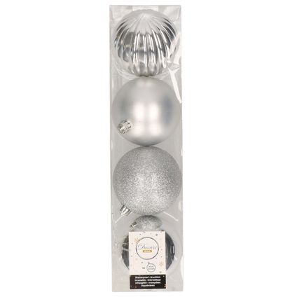 Decoris Kerstballen - 4 stuks - zilverkleurig - mix - 10 cm