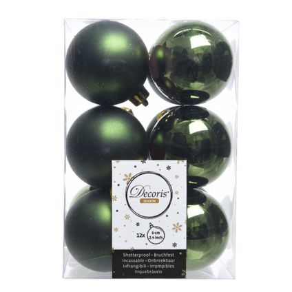 Decoris Kerstballen - 12 ST - donkergroen - kunststof - 6 cm