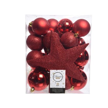 Decoris Kerstballen - 33 stuks - rood - mix - met piek - 5-6-8 cm