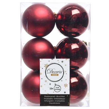 Decoris Kerstballen - 12 stuks - donkerrood - kunststof - 6 cm