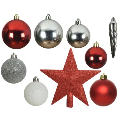 Decoris Kerstballen set - 33-delig - mix - rood - wit - zilverkleurig 2