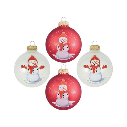 Krebs Kerstballen - 4st - glas - wit/rood - sneeuwpop - 7 cm