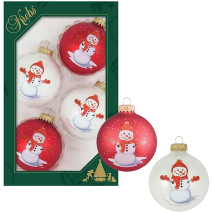 Krebs Kerstballen - 4st - glas - wit/rood - sneeuwpop - 7 cm 2