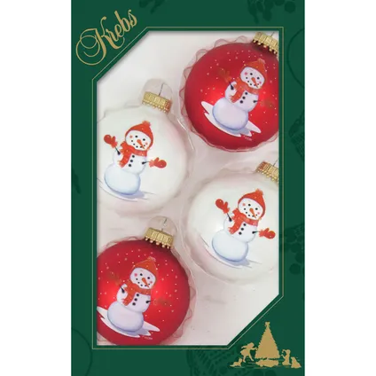 Krebs Kerstballen - 4st - glas - wit/rood - sneeuwpop - 7 cm 3