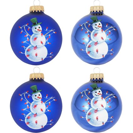 Krebs Kerstballen - 4st - glazen - blauw - met sneeuwpop - 7 cm