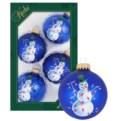 Krebs Kerstballen - 4st - glazen - blauw - met sneeuwpop - 7 cm 2