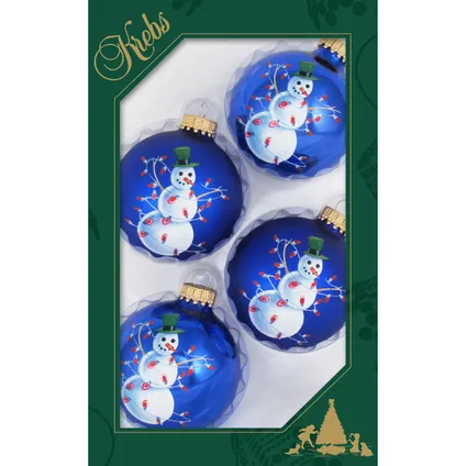 Krebs Kerstballen - 4st - glazen - blauw - met sneeuwpop - 7 cm 3