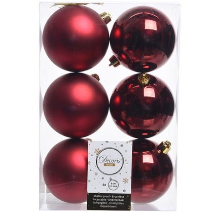Decoris Kerstballen - 6 st - Donkerrode - kunststof mat - glans 8 cm