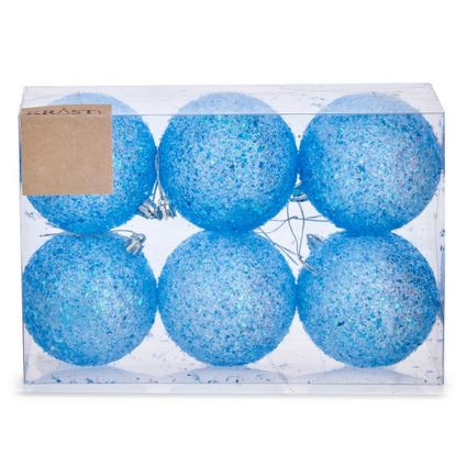 Krist+ kerstballen - 6x st - helder blauw glitter - kunststof - 8 cm