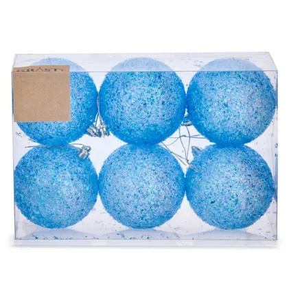 Krist+ kerstballen - 6x st - helder blauw glitter - kunststof - 8 cm