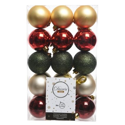 Decoris Kerstballen - 30 ST - rood - groen - goud - 6 cm