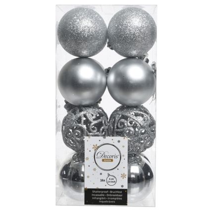 Decoris Kerstballen - 16 stuks - zilverkleurig - kunststof - 6 cm